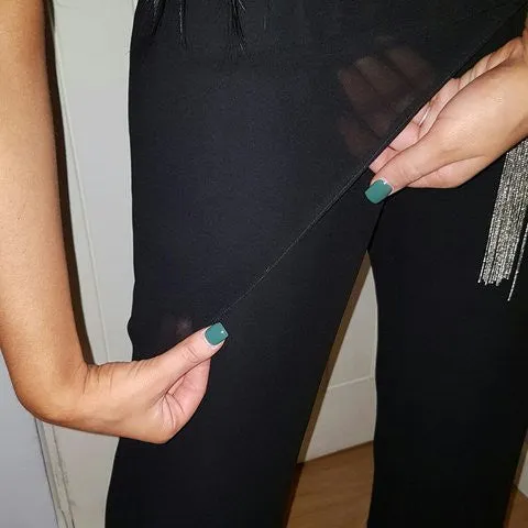 90s Roman Originals black Crepe trousers/chain detail UK12