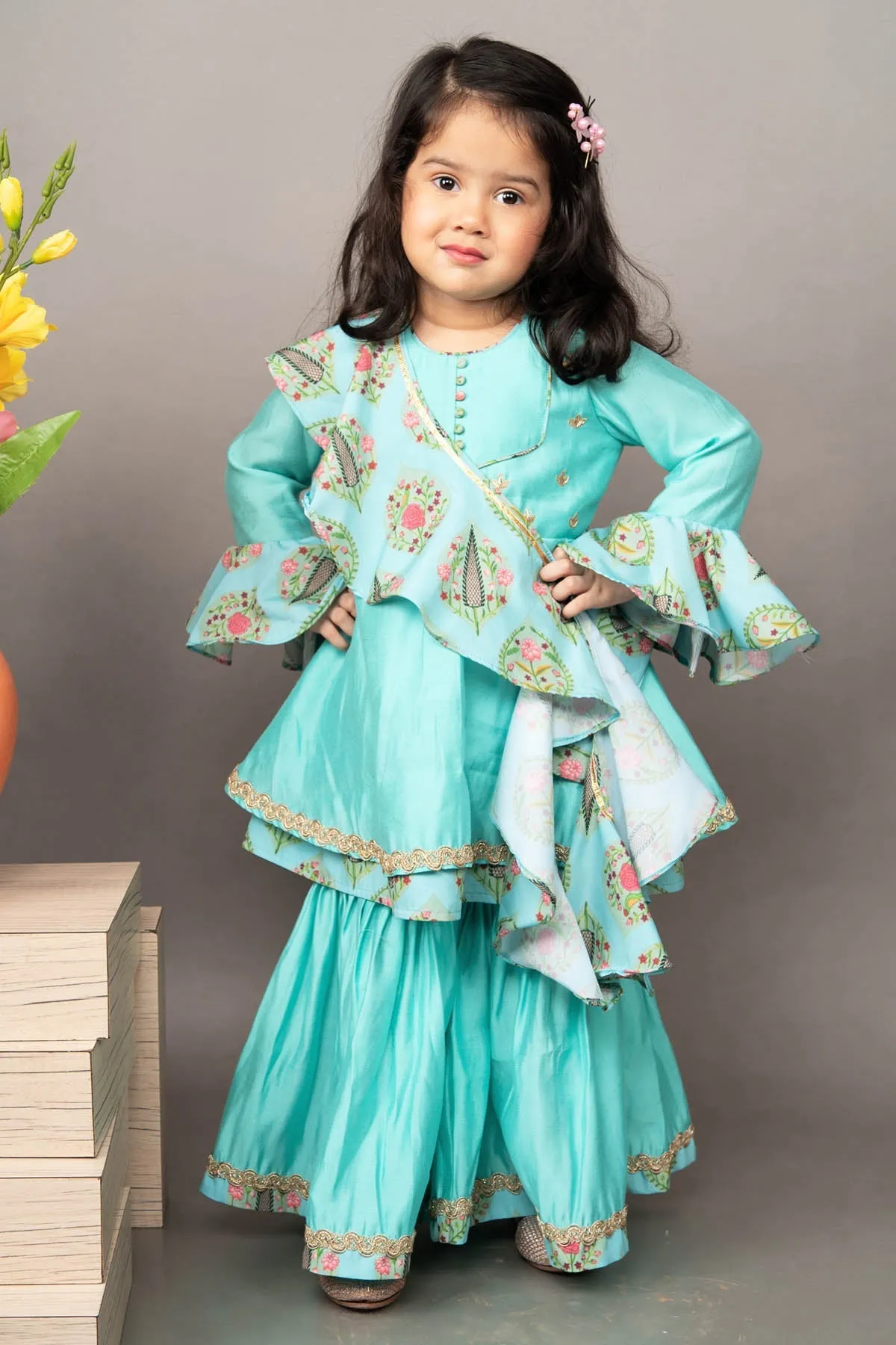 Aqua Blue Embroidered Sharara Set