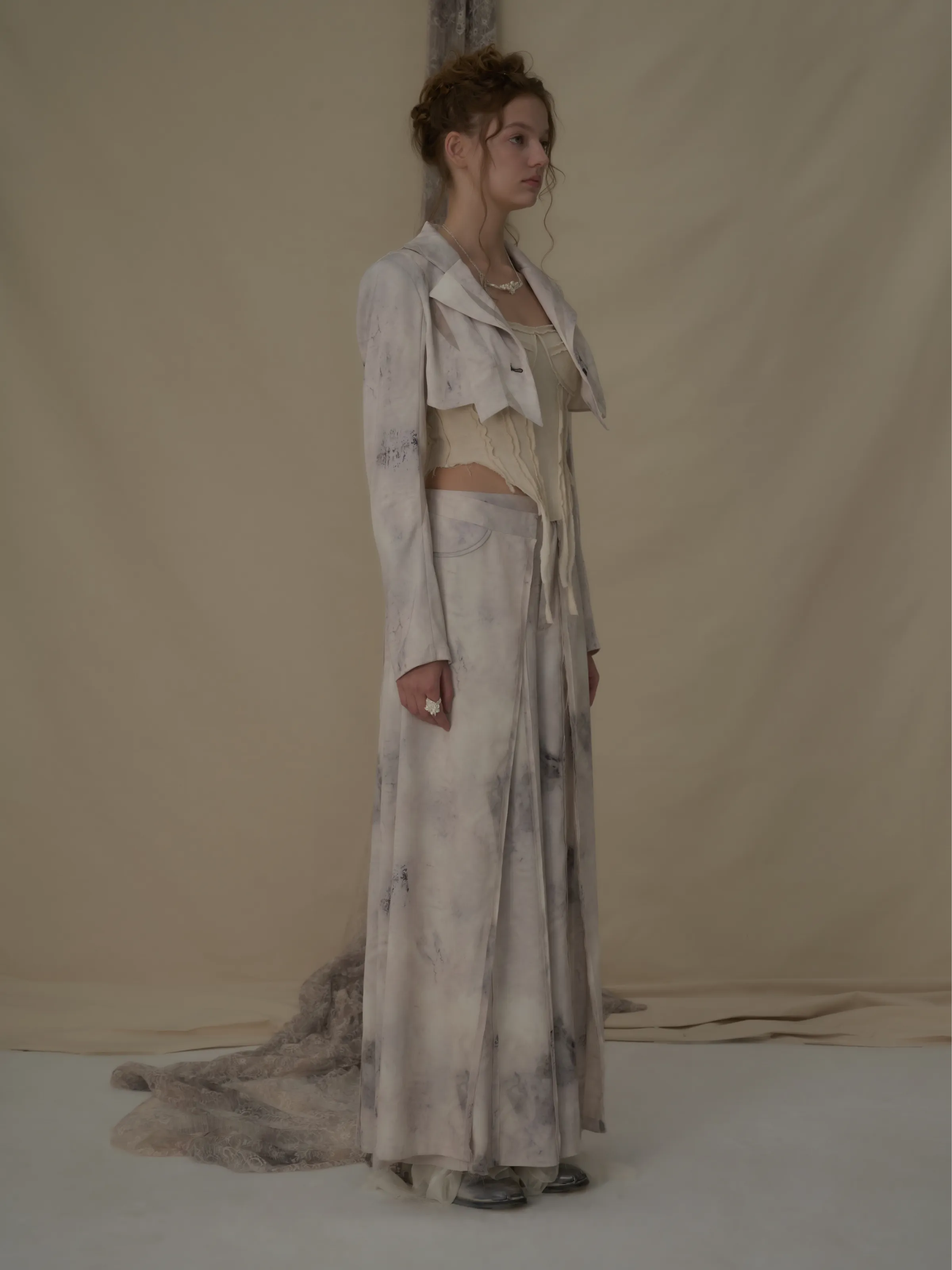 Beige Printed Draped Wide-Leg Trousers