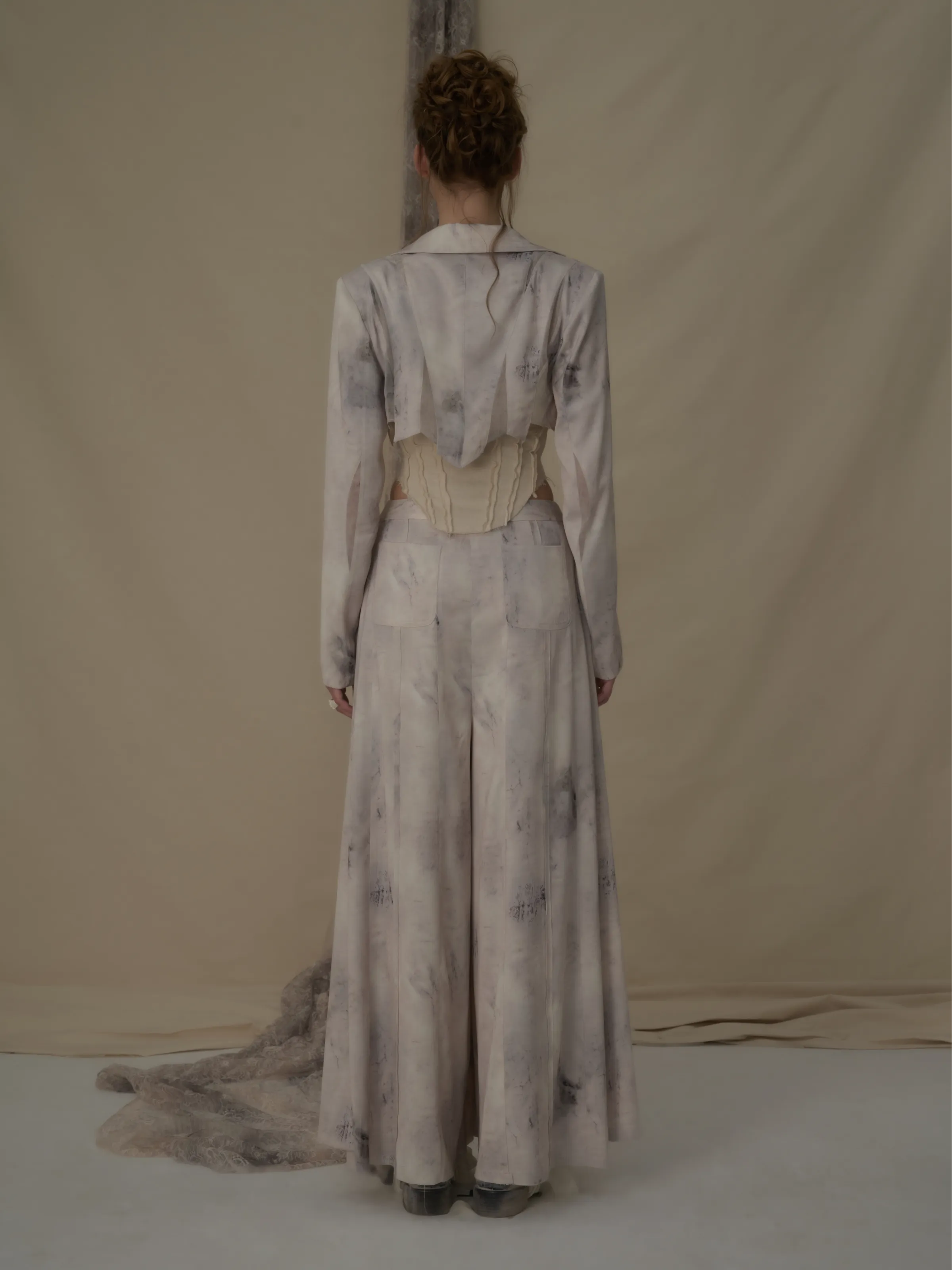 Beige Printed Draped Wide-Leg Trousers