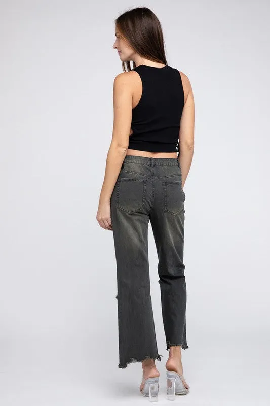 Bibi Vintage Washed Destroyed Chewed Raw Hem Wide Leg Pants