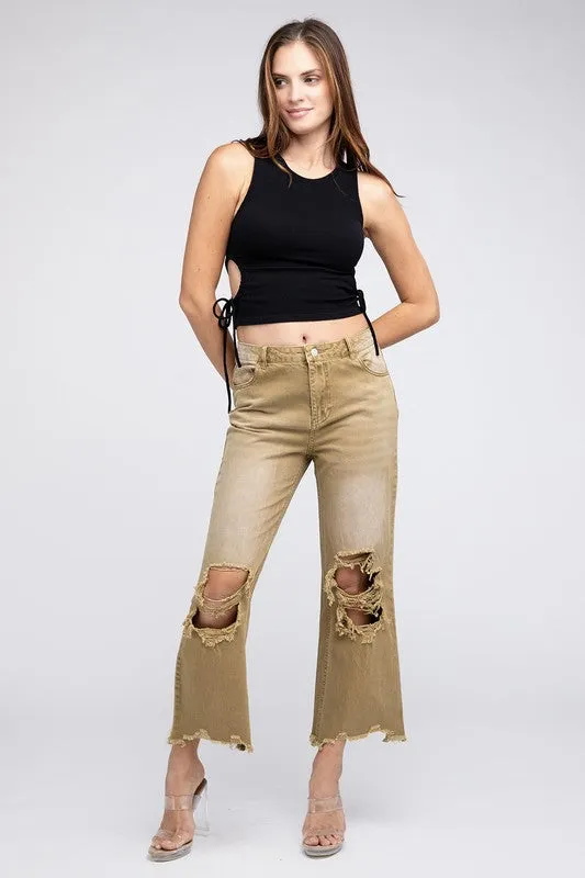 Bibi Vintage Washed Destroyed Chewed Raw Hem Wide Leg Pants