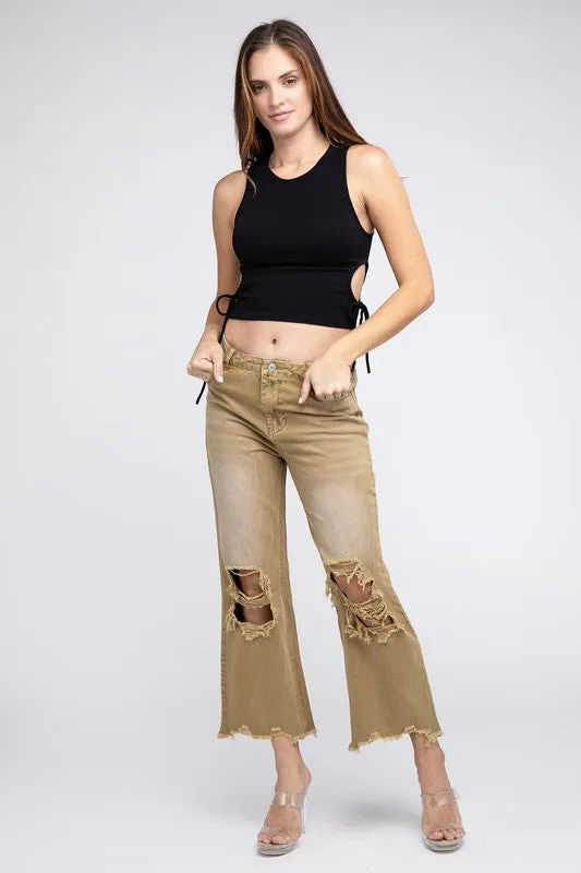 Bibi Vintage Washed Destroyed Chewed Raw Hem Wide Leg Pants
