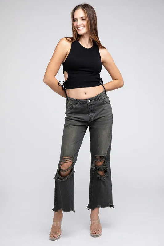Bibi Vintage Washed Destroyed Chewed Raw Hem Wide Leg Pants