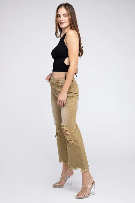 Bibi Vintage Washed Destroyed Chewed Raw Hem Wide Leg Pants