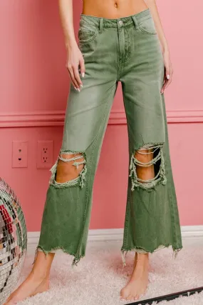 Bibi Vintage Washed Destroyed Chewed Raw Hem Wide Leg Pants