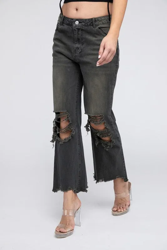 Bibi Vintage Washed Destroyed Chewed Raw Hem Wide Leg Pants