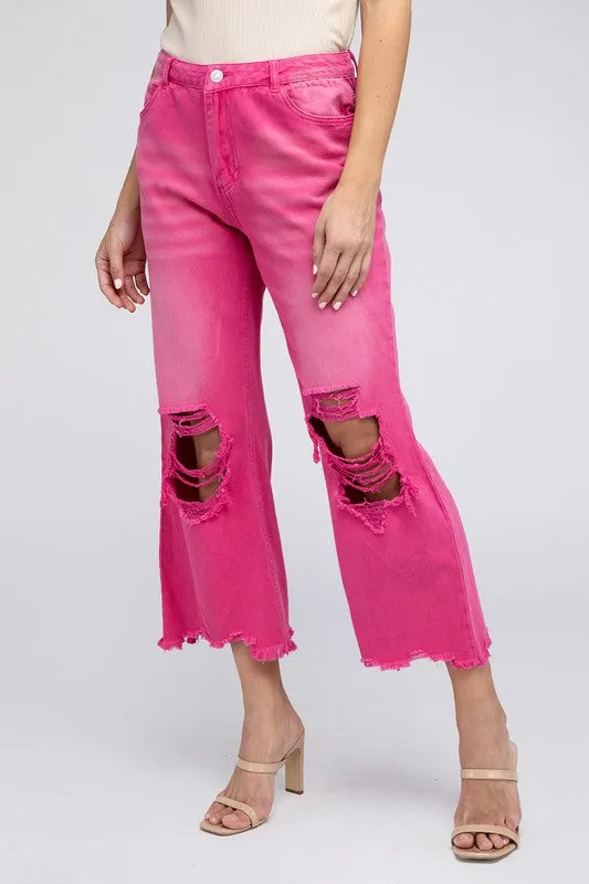 Bibi Vintage Washed Destroyed Chewed Raw Hem Wide Leg Pants