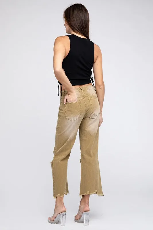 Bibi Vintage Washed Destroyed Chewed Raw Hem Wide Leg Pants