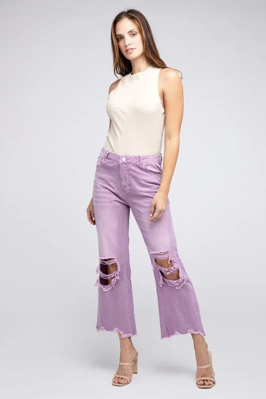 Bibi Vintage Washed Destroyed Chewed Raw Hem Wide Leg Pants