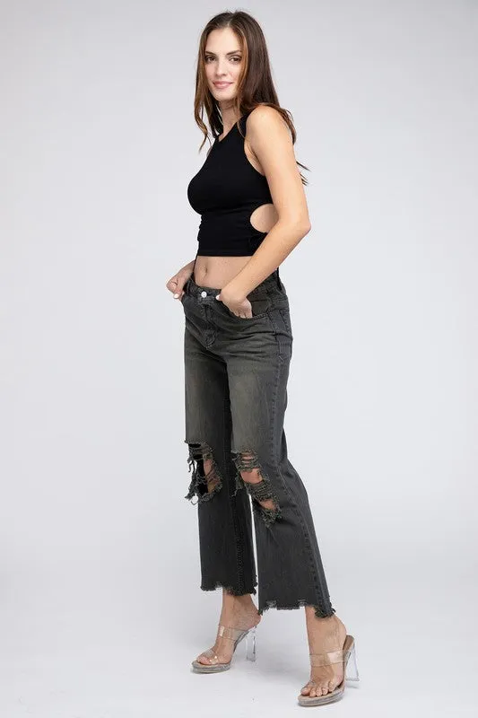 Bibi Vintage Washed Destroyed Chewed Raw Hem Wide Leg Pants