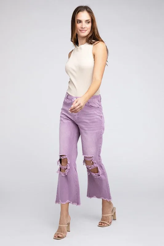 Bibi Vintage Washed Destroyed Chewed Raw Hem Wide Leg Pants