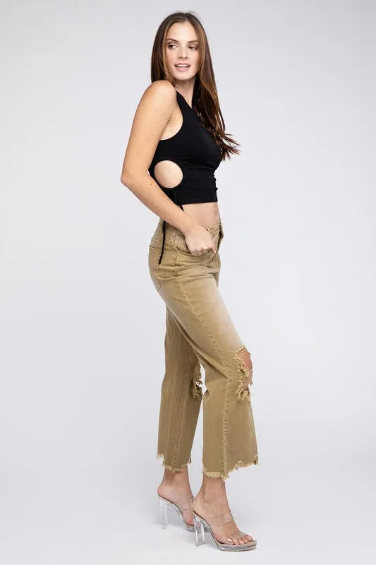 Bibi Vintage Washed Destroyed Chewed Raw Hem Wide Leg Pants