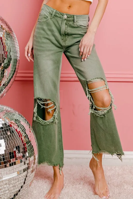 Bibi Vintage Washed Destroyed Chewed Raw Hem Wide Leg Pants