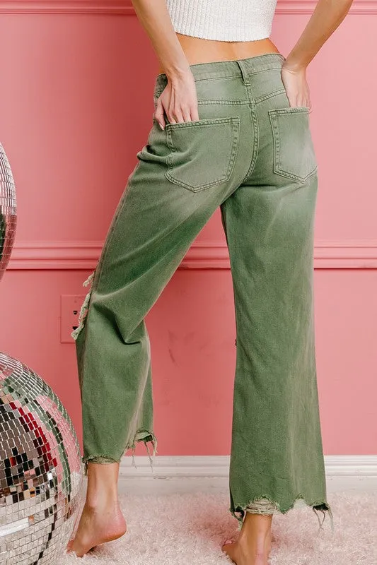 Bibi Vintage Washed Destroyed Chewed Raw Hem Wide Leg Pants