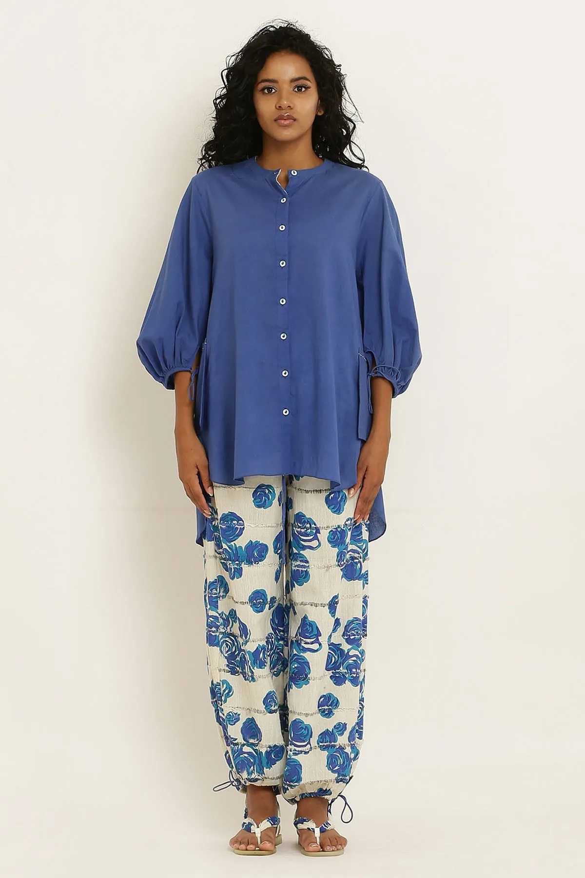 Blue Cotton Shirt & Floral Pants