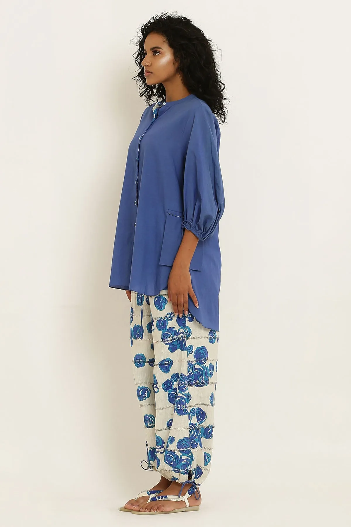 Blue Cotton Shirt & Floral Pants