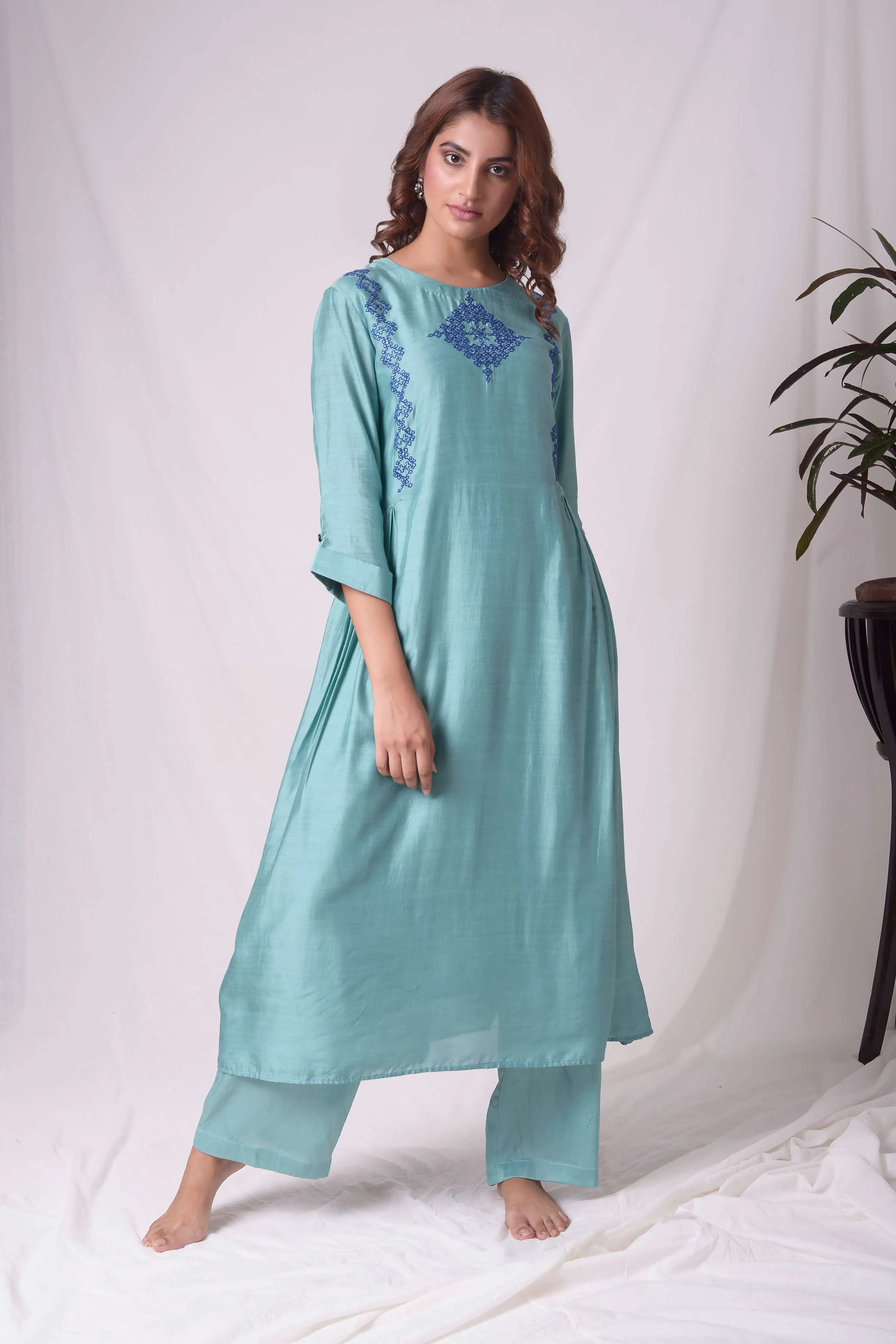 Blue Cotton Silk Kasuti Embroidery Kurta Set