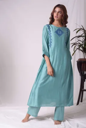 Blue Cotton Silk Kasuti Embroidery Kurta Set