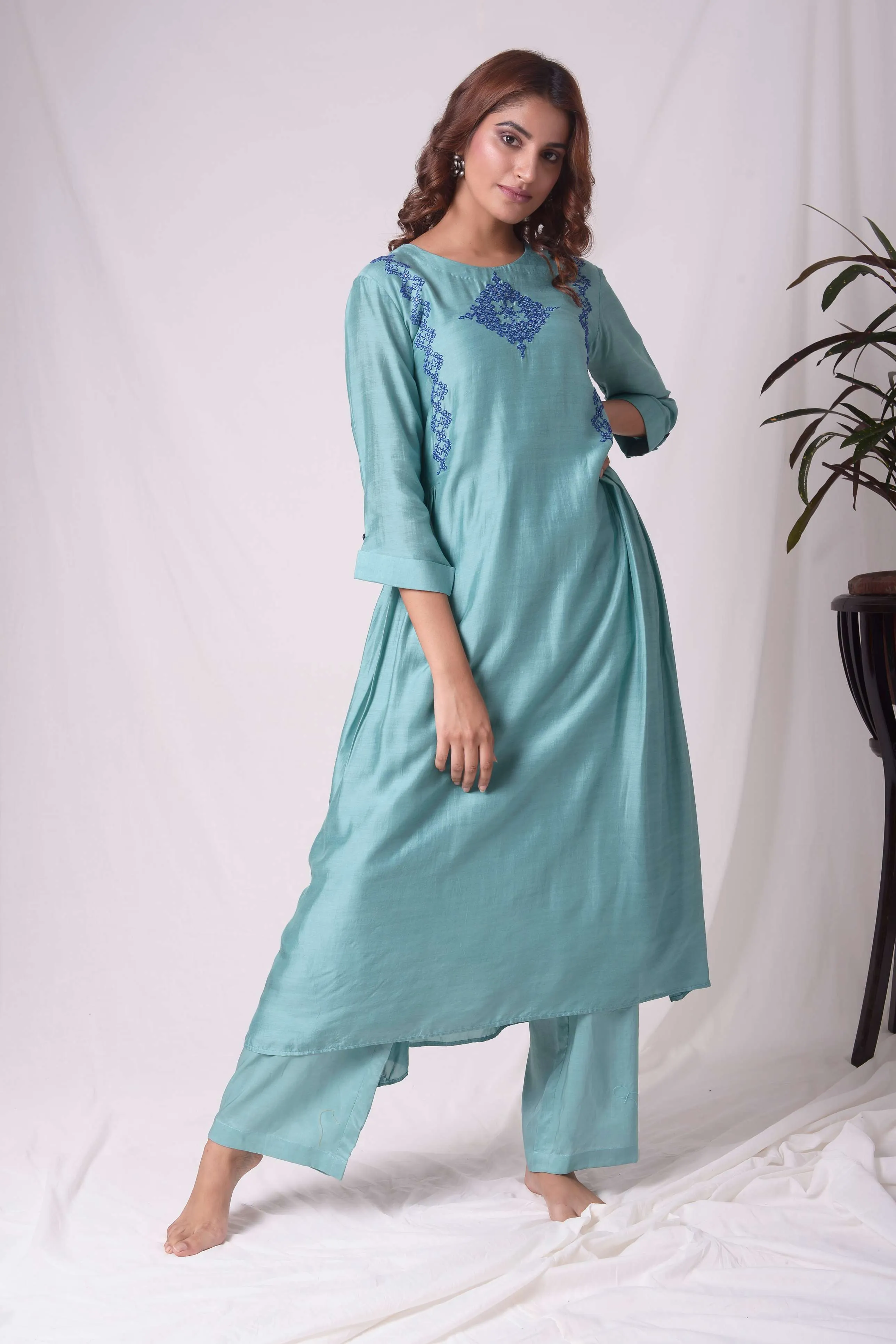 Blue Cotton Silk Kasuti Embroidery Kurta Set
