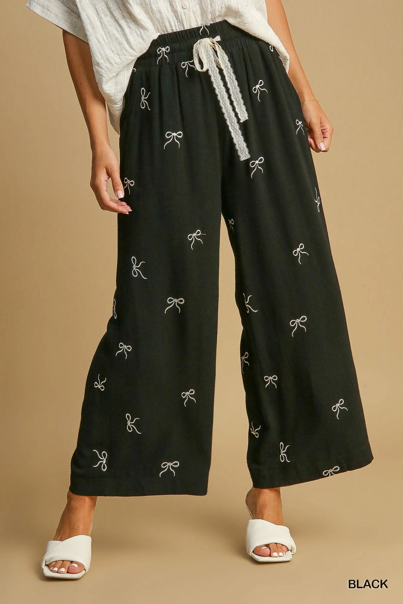Bow Embroidered Linen Pants
