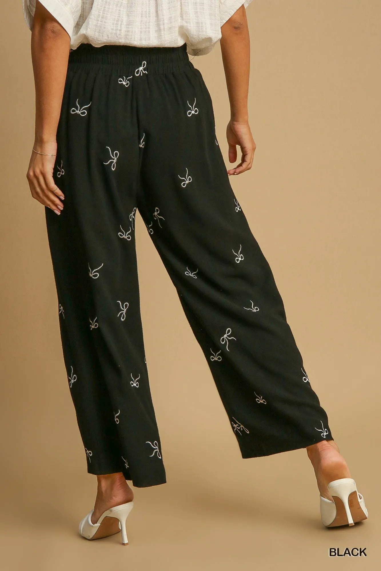 Bow Embroidered Linen Pants