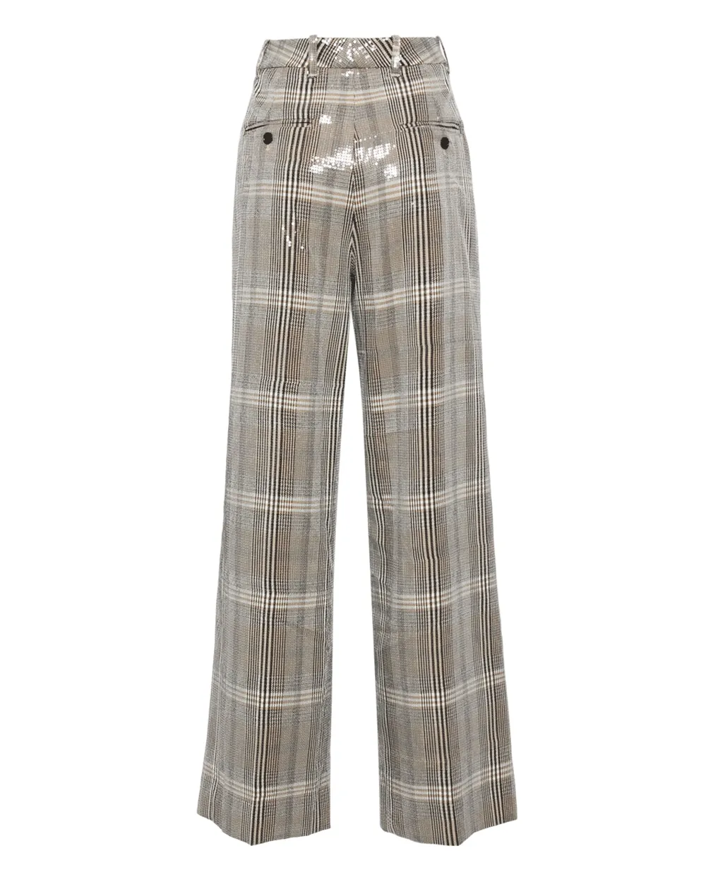 Brown Multi Sequin Plaid Flat Front Wide Leg Pant