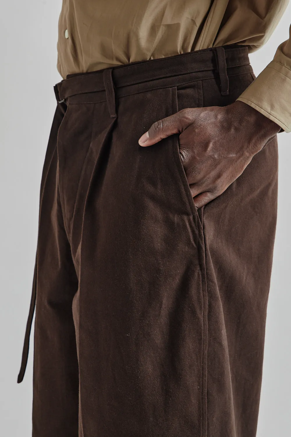 Brushed Twill Belted Trousers - Chocolate