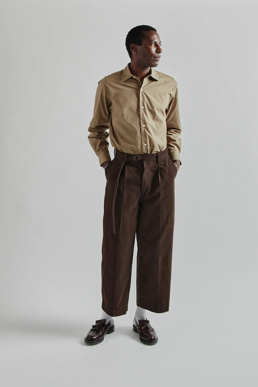 Brushed Twill Belted Trousers - Chocolate