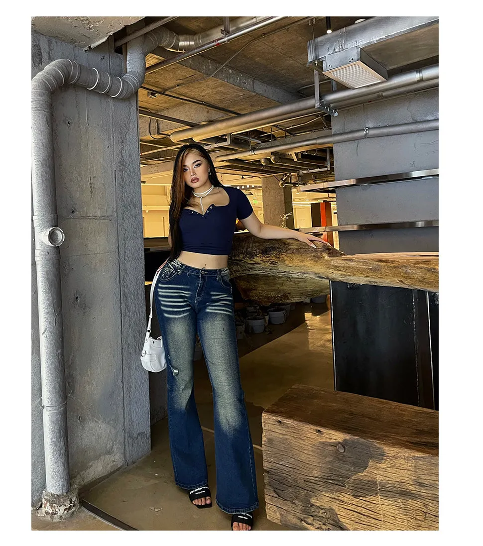 Celcia Plus Size Denim Blue Washed Low Waist Flare Jeans Pants
