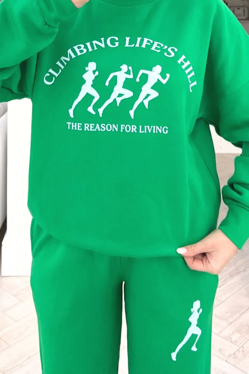 Climbing life's hill green  printed sweater loungewear set