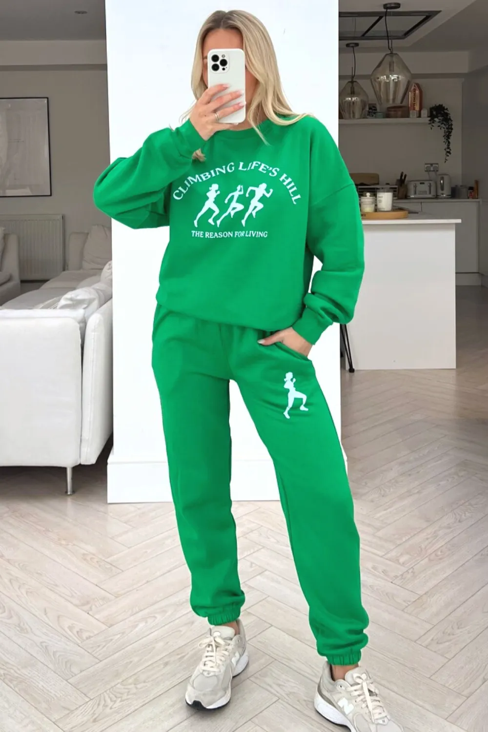Climbing life's hill green  printed sweater loungewear set