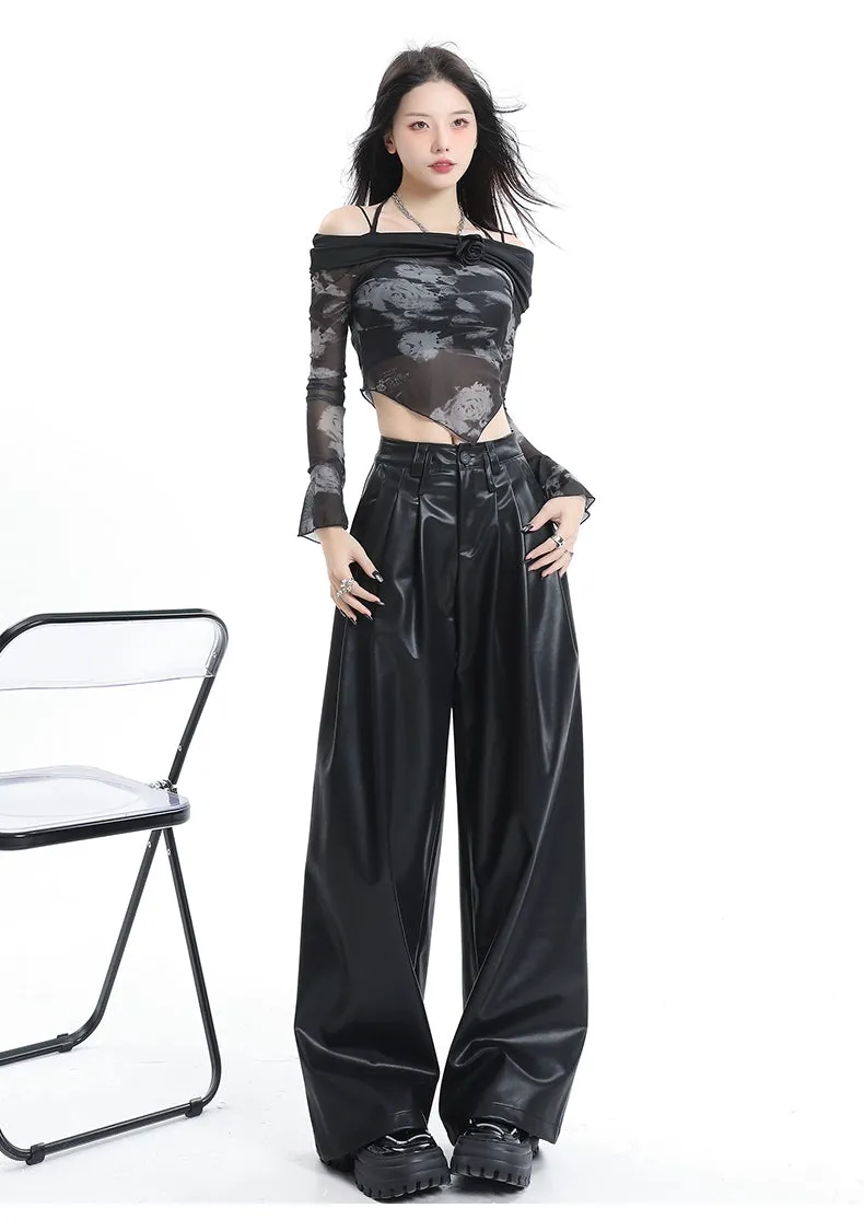 Coffee Wide-Leg Pu Leather Pants