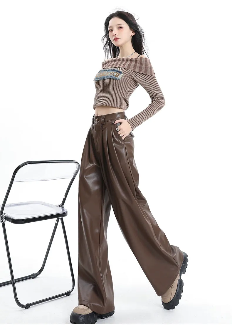 Coffee Wide-Leg Pu Leather Pants