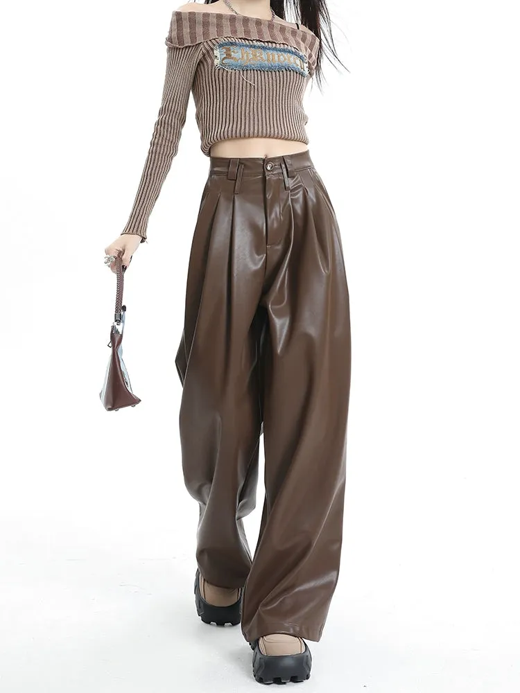 Coffee Wide-Leg Pu Leather Pants