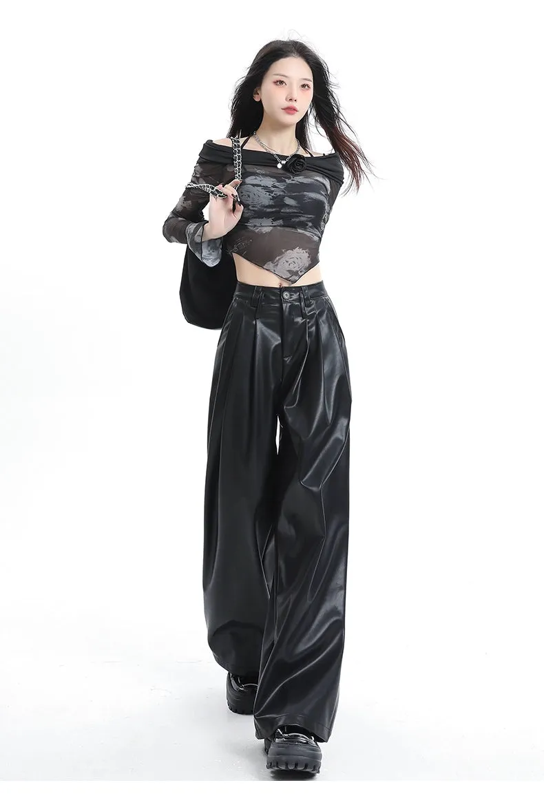Coffee Wide-Leg Pu Leather Pants