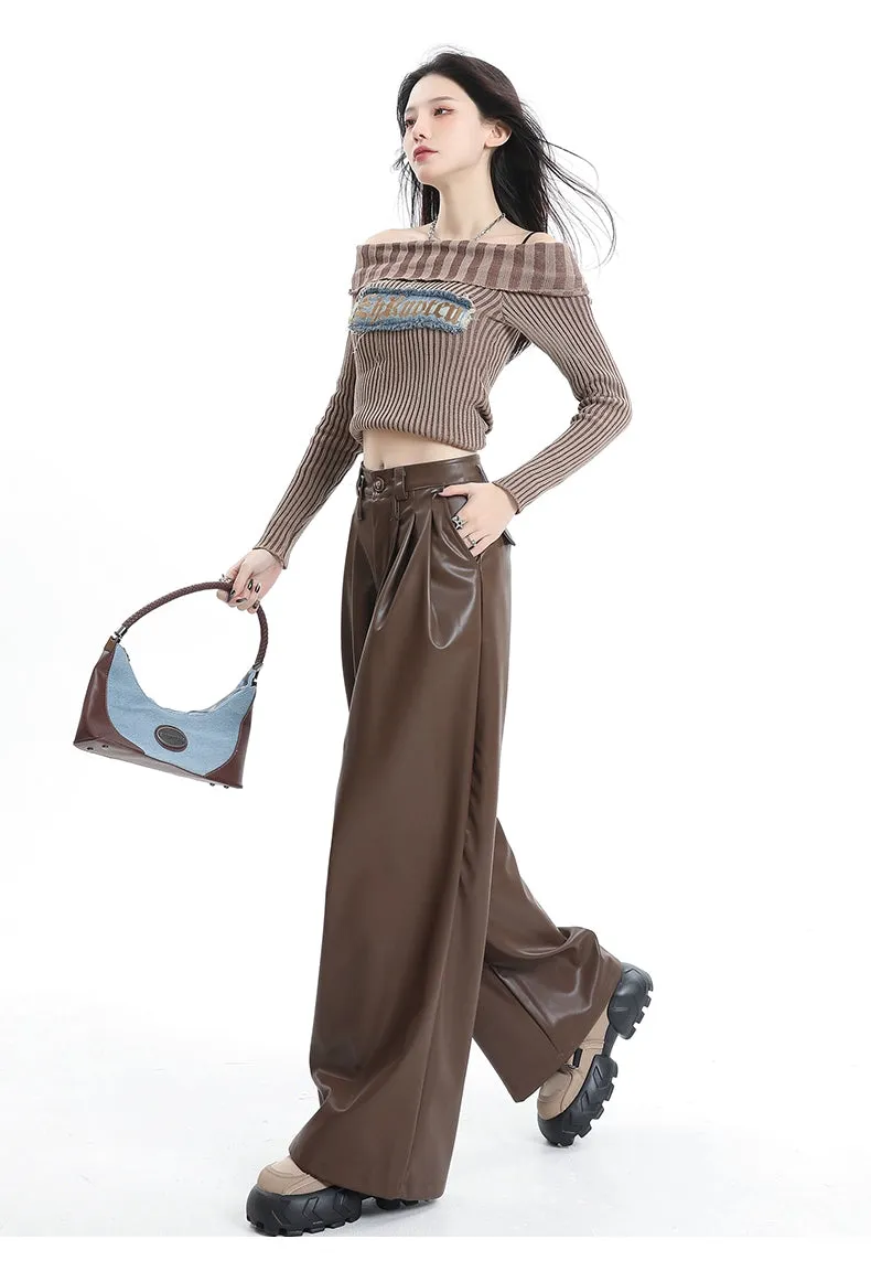 Coffee Wide-Leg Pu Leather Pants