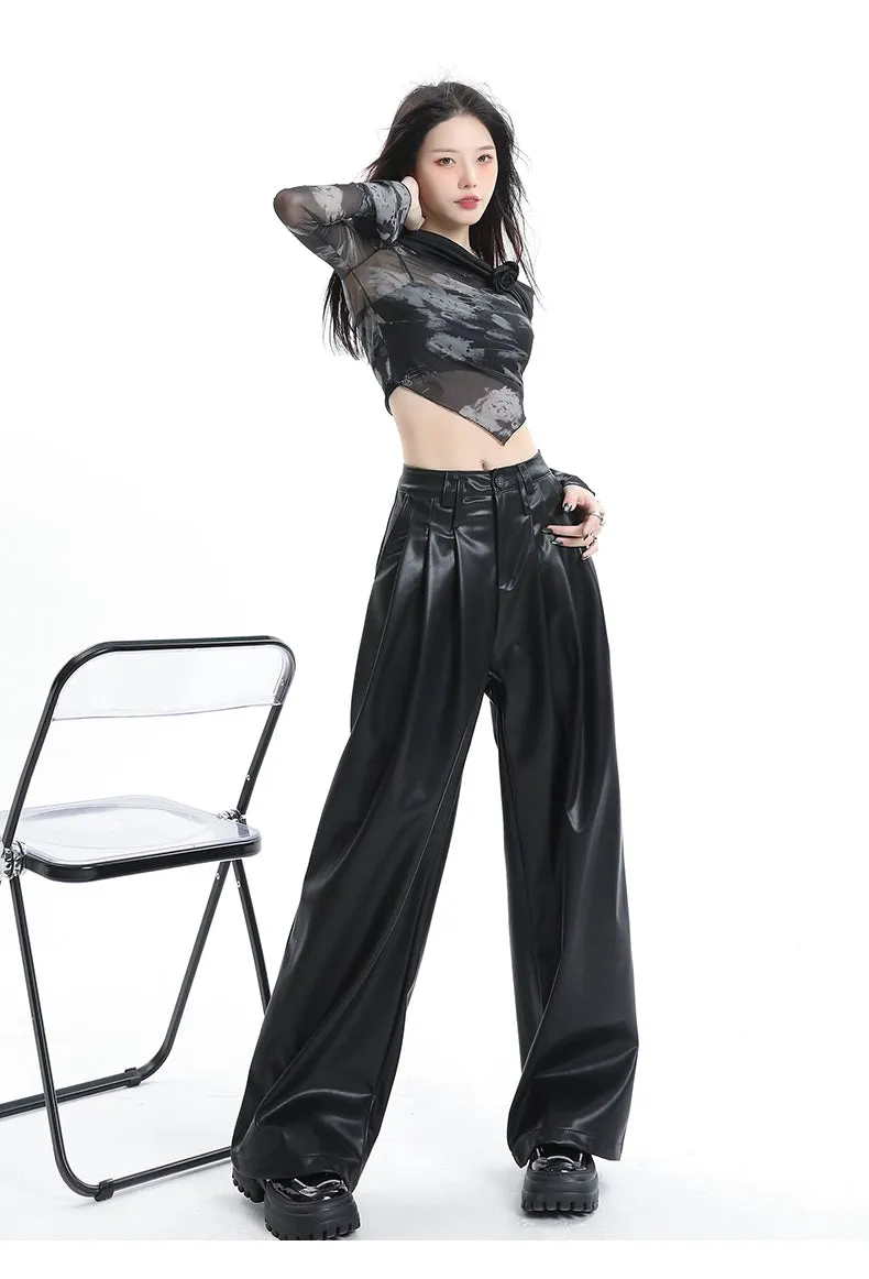 Coffee Wide-Leg Pu Leather Pants