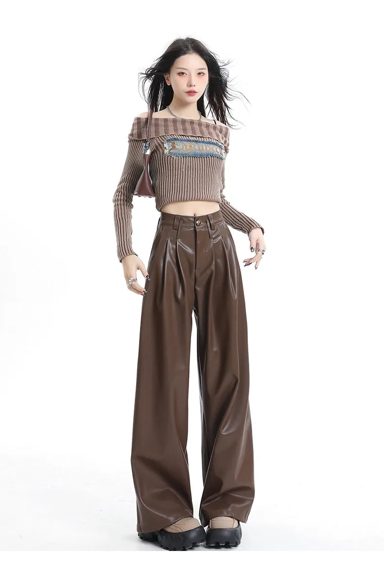 Coffee Wide-Leg Pu Leather Pants