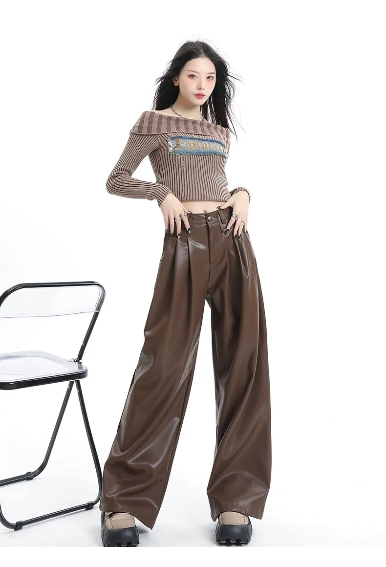 Coffee Wide-Leg Pu Leather Pants