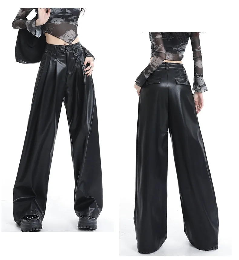 Coffee Wide-Leg Pu Leather Pants