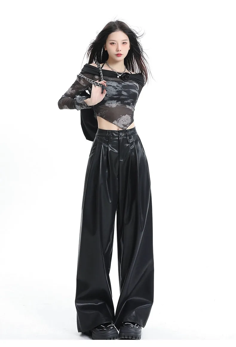 Coffee Wide-Leg Pu Leather Pants