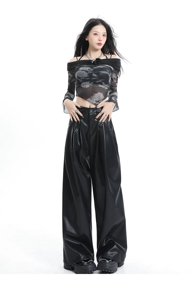Coffee Wide-Leg Pu Leather Pants