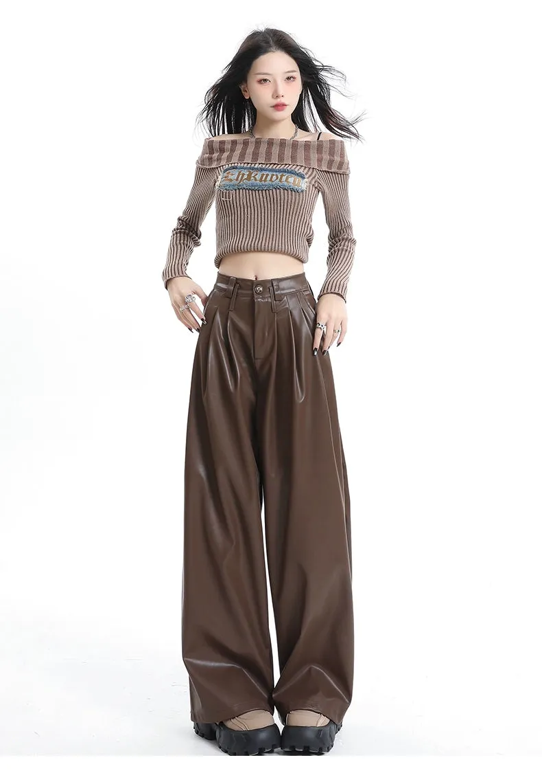 Coffee Wide-Leg Pu Leather Pants