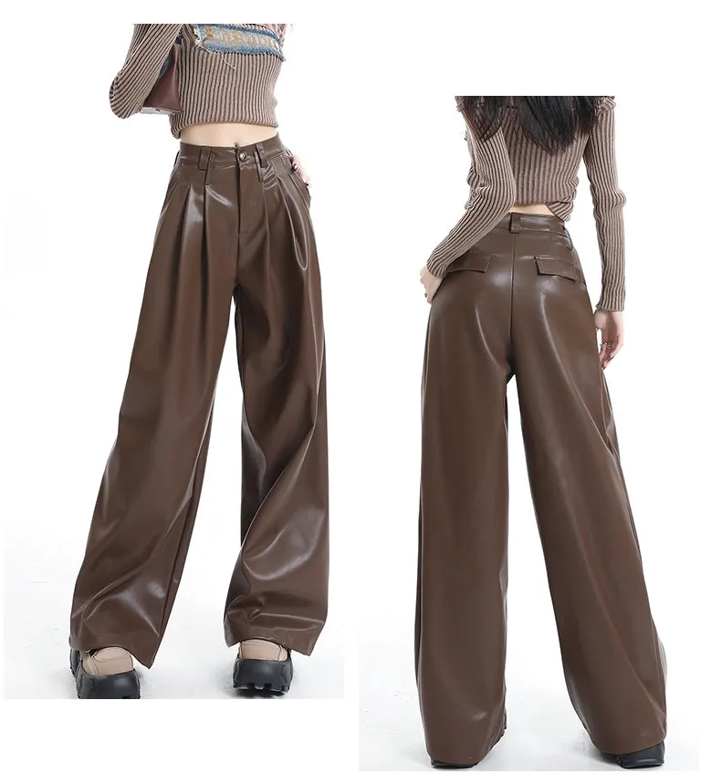 Coffee Wide-Leg Pu Leather Pants