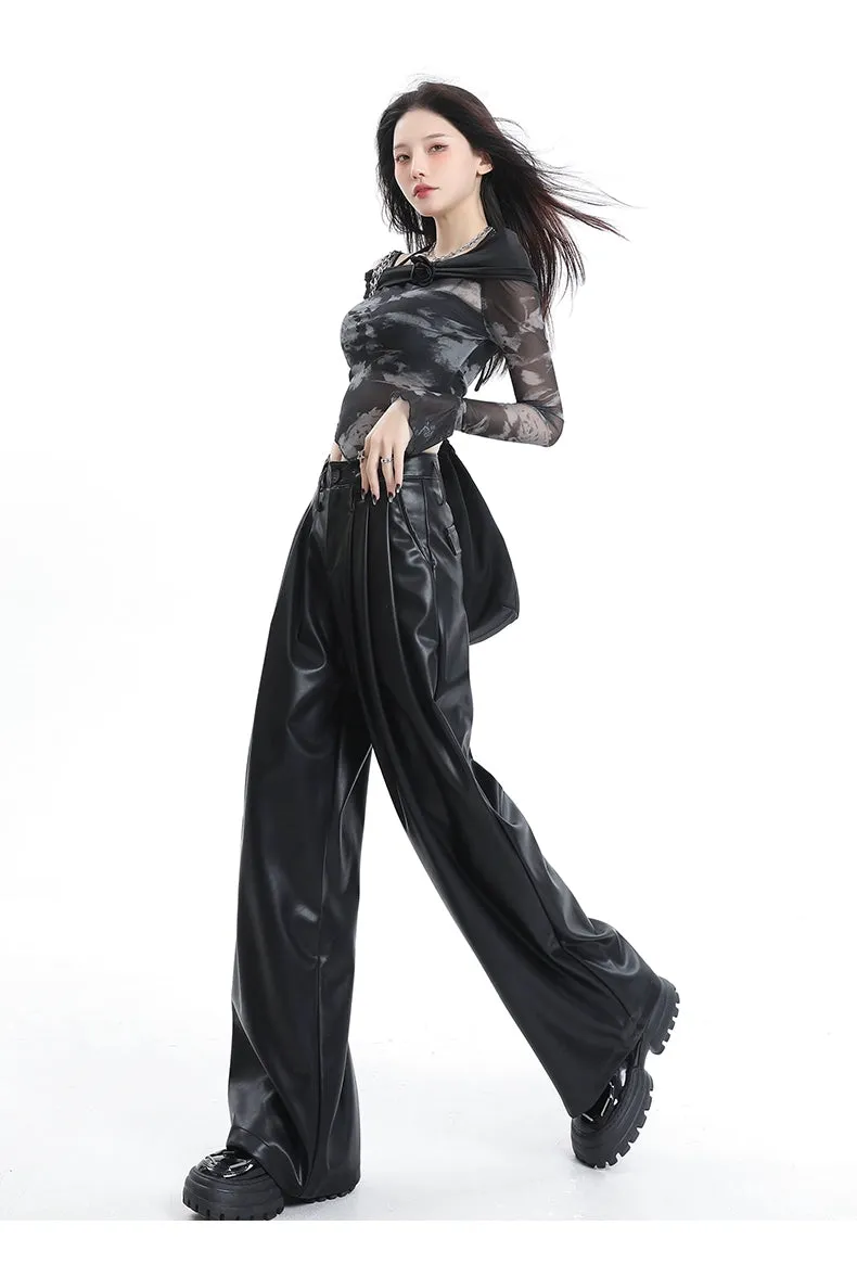 Coffee Wide-Leg Pu Leather Pants