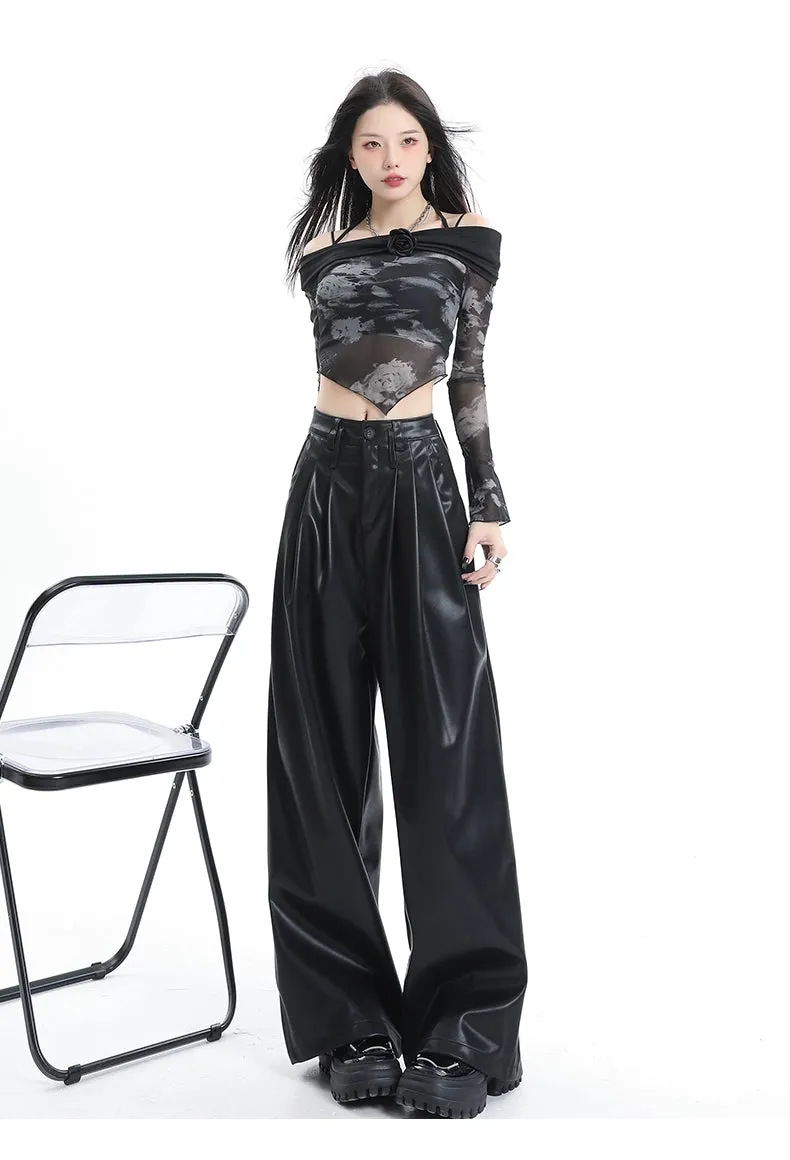 Coffee Wide-Leg Pu Leather Pants