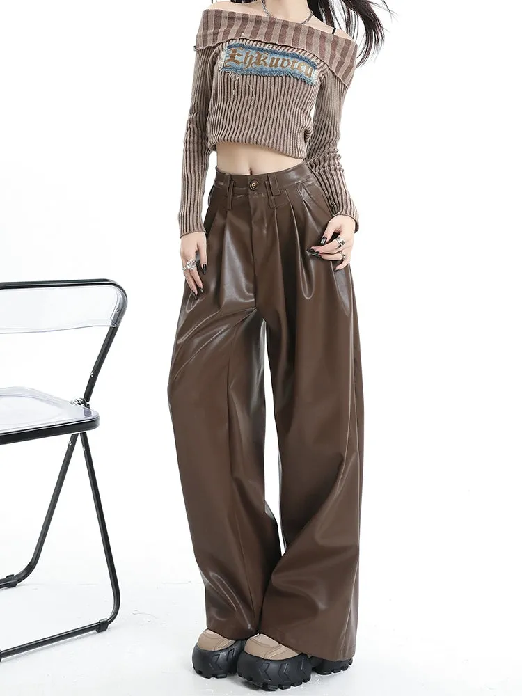 Coffee Wide-Leg Pu Leather Pants