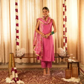 Cotton Kurta Set For Women | Kurta, Pant & Printed Dupatta | Sleeveless | Pink