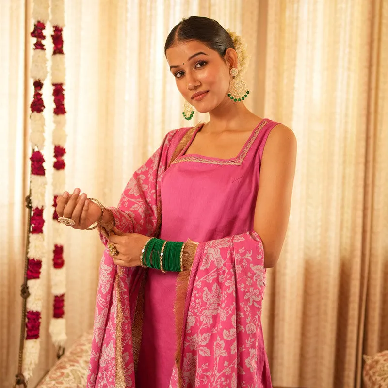 Cotton Kurta Set For Women | Kurta, Pant & Printed Dupatta | Sleeveless | Pink